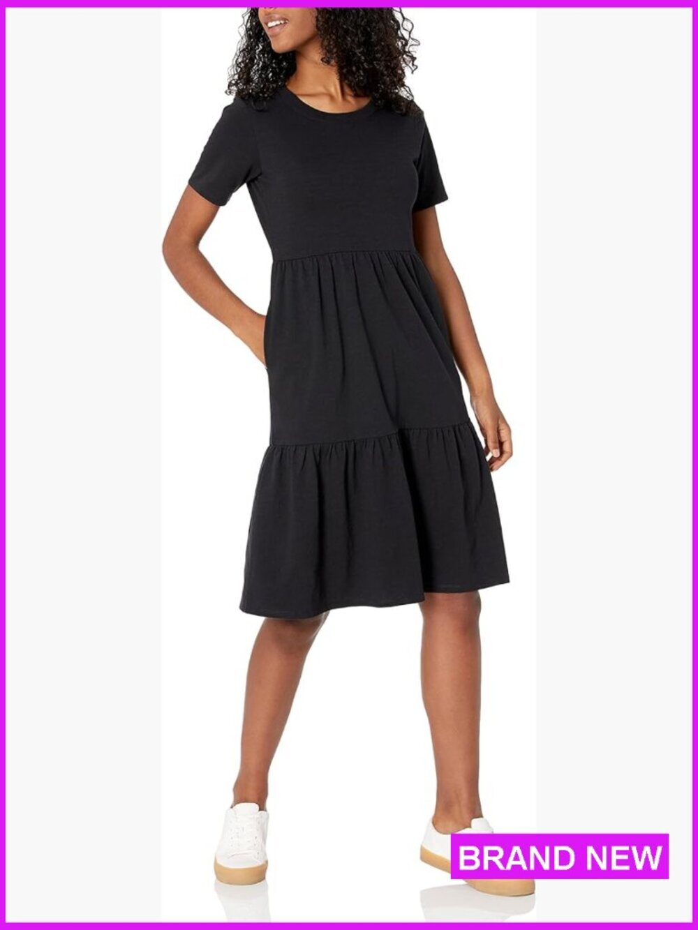 Short-Sleeve Crewneck Tiered Dress Casual Flared A-Line Cotton Knit Daily Wear